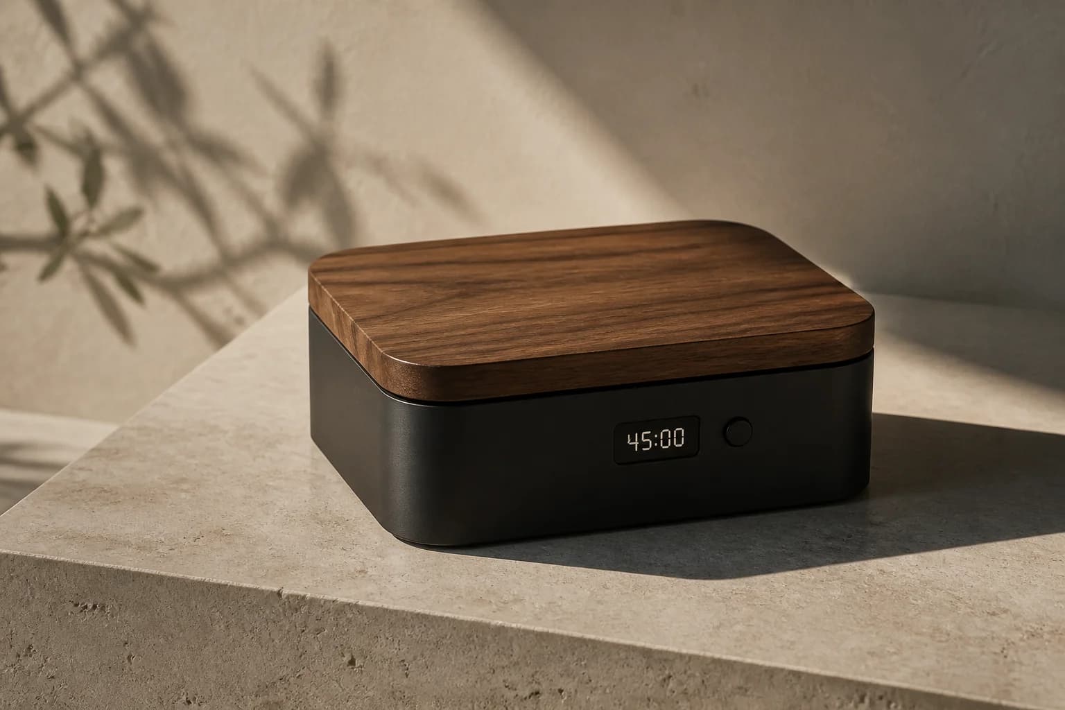 Walnut and graphite Presence Box Pro concept showing the session display